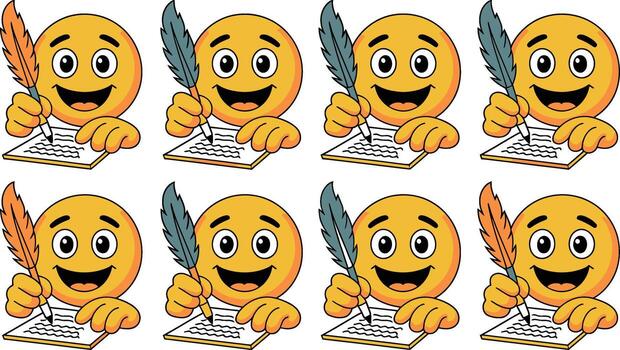 Happy emoji writing with quill pen on paper representing communication and ideas vector