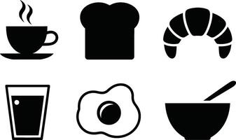 Simple black and white breakfast icons including coffee toast croissant egg and cereal bowl vector
