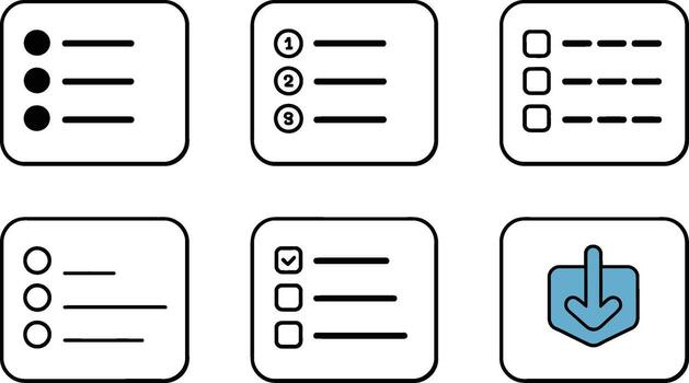 Collection of checklist, ordered list, and download icons representing task management and process visualization vector