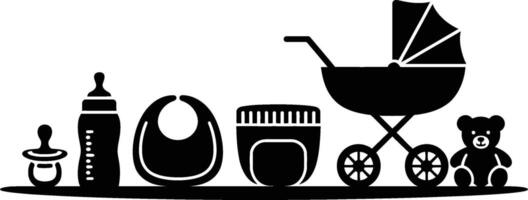 Black and white baby items stroller pacifier bottle bib diaper and teddy bear silhouettes vector