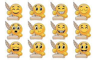Set of emoji characters with various expressions using a feather pen and scroll vector
