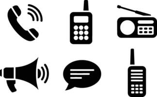 Black and white communication icons including telephone radio megaphone and speech bubble for design vector