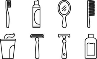 Black and white outline icons representing personal hygiene and grooming essentials for daily care vector