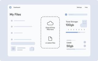 User interface design for my files cloud storage drag and drop uploading and storage capacity display. vector
