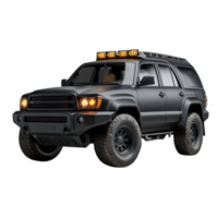 Rugged dark gray off road suv with amber lights and muddy tires isolated on transparent background png