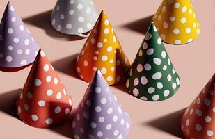 Colorful party hats with confetti and streamers create a festive atmosphere for celebrations photo