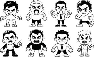 Cartoon characters displaying anger and frustration in various poses and outfits black and white vector