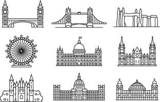London landmarks line art illustration featuring iconic british architecture and monuments vector