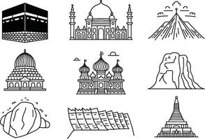 Minimalist line art icons of famous landmarks and religious monuments in black and white vector