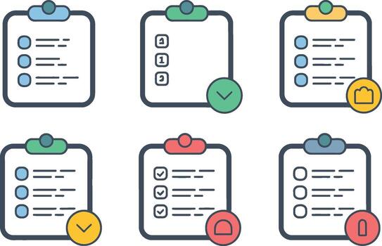 vistoso portapapeles íconos representando listas de verificación Progreso terminación Tareas y otro administración funciones vector