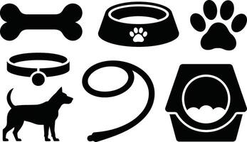 Black silhouette illustration of dog related items including bone bowl collar leash and dog carrier vector
