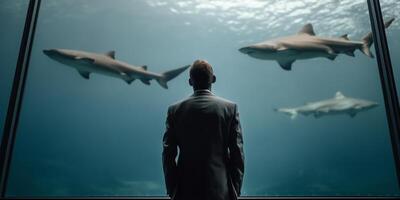 Man in suit admires sharks swimming in aquarium while contemplating the underwater world photo