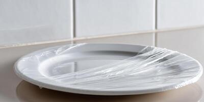 Plastic food wrap covers an empty white plate resting on a smooth surface in a kitchen setting photo