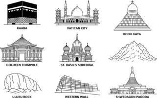 Iconic landmarks and religious sites worldwide illustrated in minimalist black and white line art vector