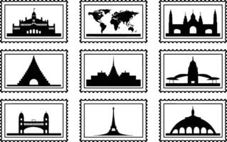 Vintage travel stamps showcasing global landmarks and a world map in silhouette style vector