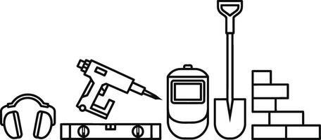 Construction tools outline featuring safety gear and building materials monochrome illustration vector