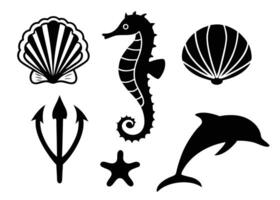 Black and white illustrations of ocean creatures and aquatic elements for design purposes. vector
