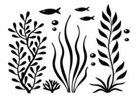 Black and white underwater scene with seaweed fish bubbles perfect for design projects vector