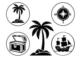 Black and white pirate themed graphics featuring icons of treasure and adventure elements vector