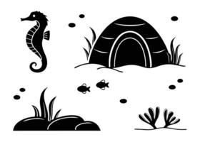 Black and white underwater world illustration featuring a seahorse, fish, and seaweed elements vector