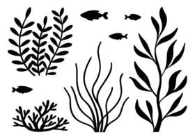 Black and white underwater scene with silhouette fish and seaweed elements in a flat design vector