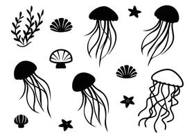 Black and white underwater elements jellyfish starfish seashells seaweed marine life graphics vector
