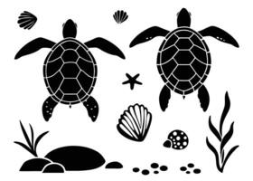 Black and white illustration featuring two sea turtles and assorted marine life elements vector