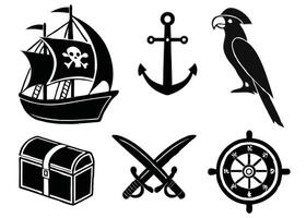 Black and white pirate theme elements including ship anchor parrot treasure chest swords and wheel vector