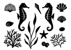 Black and white sea life elements collection featuring seahorses shells starfish and coral silhouettes vector