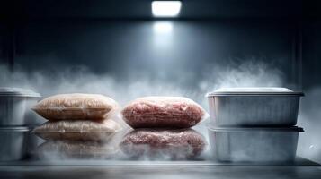 Well-organized freezer showcasing neatly arranged frozen items in a cold, clean environment photo