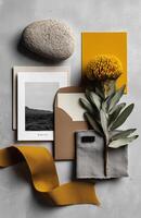 Elegant wedding invitation flat lay featuring flowers, ribbons, and a tranquil color palette photo