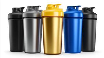 Collection of protein shaker bottles in various colors standing out against a clean white background photo
