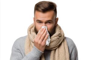 Man in scarf sneezing into tissue on white background, highlighting the effects of cold weather or allergies photo