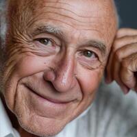 Cheerful elderly man smiling against a simple white background showcasing warmth and wisdom photo