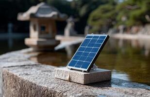 DIY thin solar panel kit on a stone ledge beside serene water feature in a peaceful garden setting photo