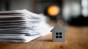 Paper house model accompanied by credit report documents in a cozy indoor setting photo