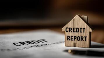 Paper house symbolizes financial responsibility next to credit report letters and a pen on a wooden table photo