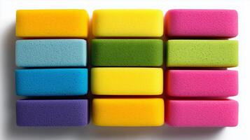 Colorful sponges arranged in two rows on a white background for cleaning and household use photo
