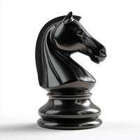 Glossy black chess knight stands out against white background, showcasing intricate design and craftsmanship photo