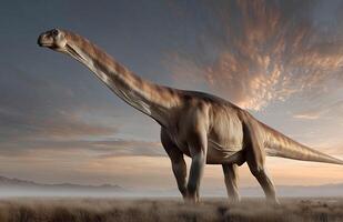 Incredible ultra wide angle illustration of a dinosaur in a dramatic landscape during sunset photo