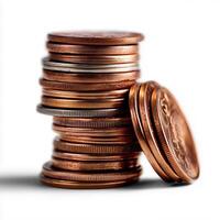 Stack of shiny copper coins isolated on white background showcasing intricate details and textures photo