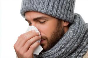 Man wearing a scarf sneezes into a tissue against a white background during flu season photo