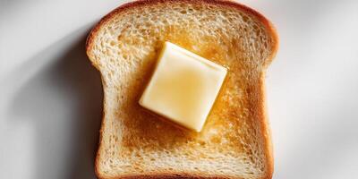 Toast with butter framed in light, showcasing a simple culinary moment on a pale tabletop photo