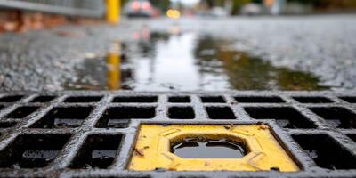 Storm water overflowing from iron grating over hexagonal tile in urban setting during rainy weather photo