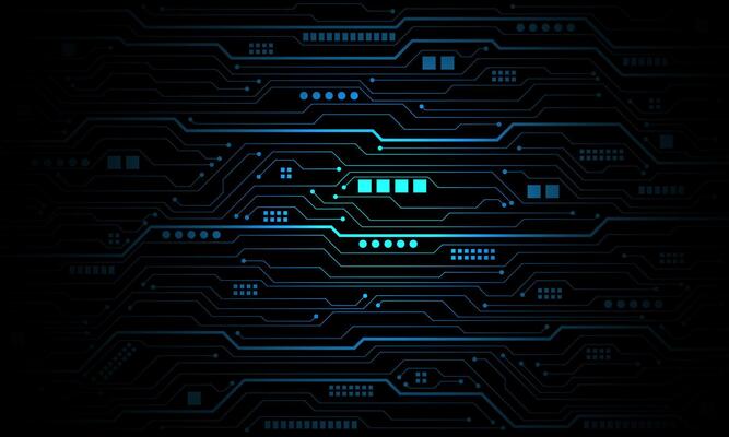 Abstract blue circuit board technology connected lines electronics elements computer motherboard chip processor digital on black background