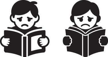 Sad Students Reading Books Icons - Disappointed Kids Learning, Education Challenges, Stress, Frustration, School Problems vector