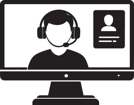 Online Customer Support Icon - Call Center Agent with Headset on Monitor for Remote Assistance and Tech Support vector