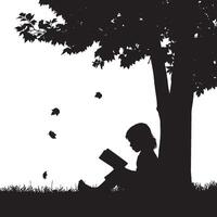 Child Reading Book Under Tree Silhouette with Falling Leaves Peaceful Autumn Scene for Education, Nature, and Tranquil Childhood. vector