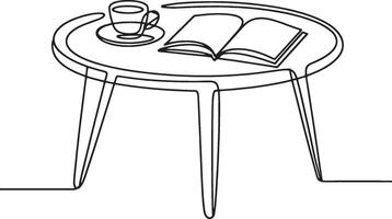 Coffee Table with Open Book and Cup, Continuous Line Art for Relaxation, Home Decor, Reading, and Lifestyle Concepts vector