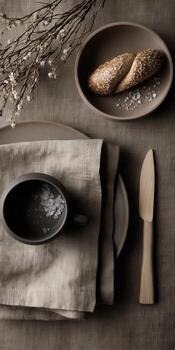 Table setting with bread, cup, and wooden knife photo